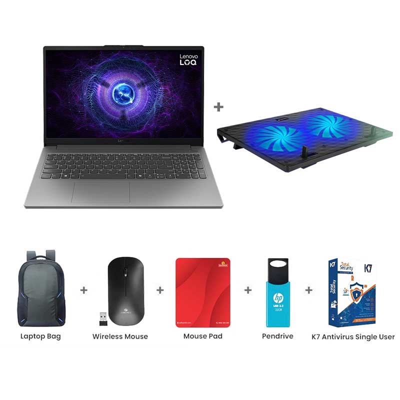 Picture of Lenovo LOQ - 12th Gen  Intel Core i5-12450HX 15.6" (39.6cm) 83LK0031IN Gaming Laptop (12GB/ 512GB SSD/ Full HD IPS Display/ NVIDIA GeForce RTX 2050/ IPS 300nits/ Anti-Glare/ 100% sRGB/ 144Hz/ Windows 11 Home/ 1Year Warranty/ Luna Grey/ 1.77 kg)  Zebronics ZEB-NC3300 USB Powered Laptop Cooling Pad + Laptop Bag + Wireless Mouse + Mouse Pad + Pendrive + K7 Antivirus Single User